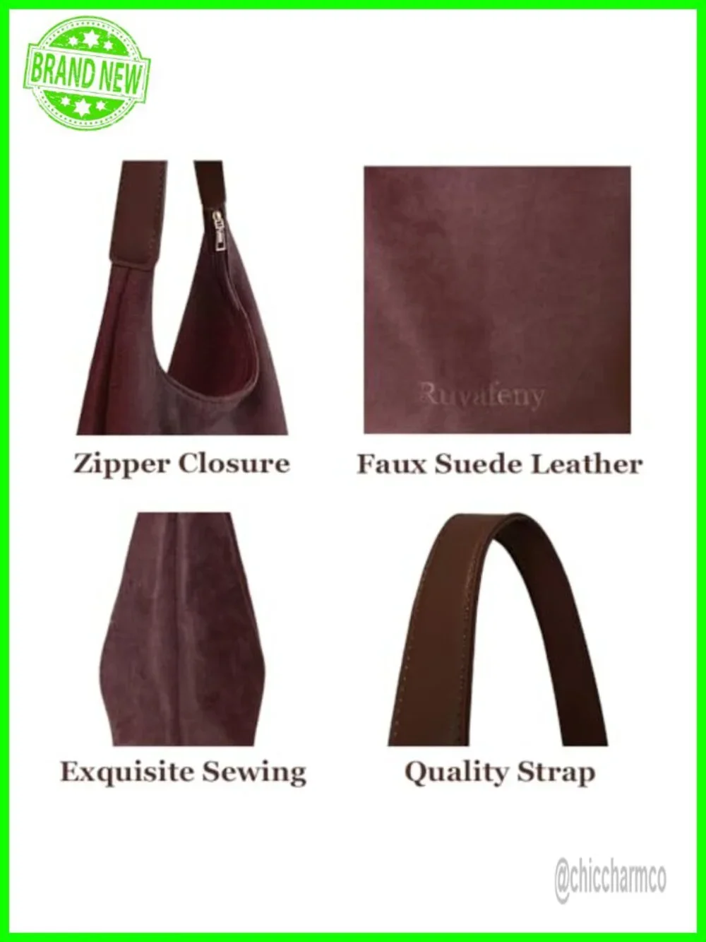 Faux Suede Slouchy Hobo Shoulder Bag Tote with Zipper